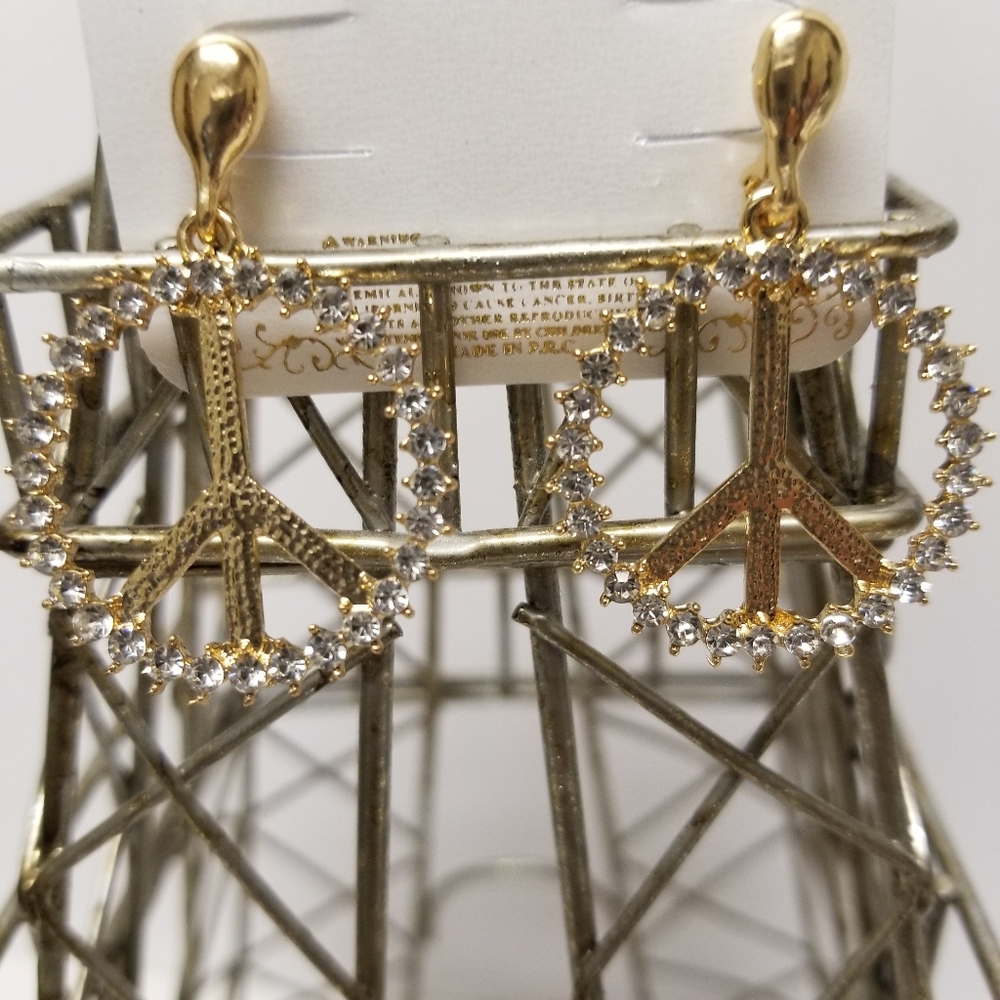 💟3/25  Gold Rhinstone Peace Sign Earings - Picture 5 of 8
